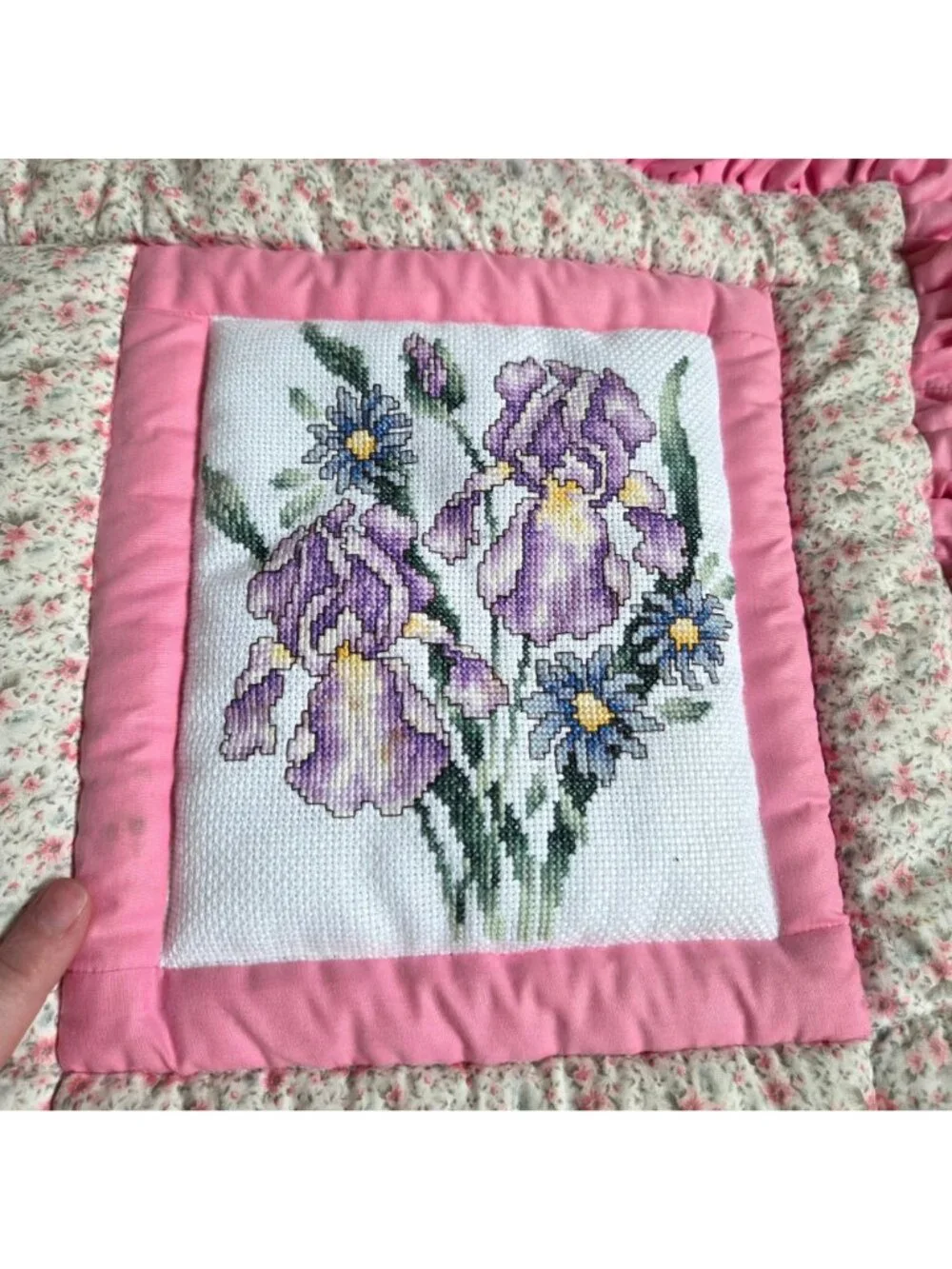 Handmade Hand Cross Stitched Embroidered Pink Floral Quilted Wall Hanging READ